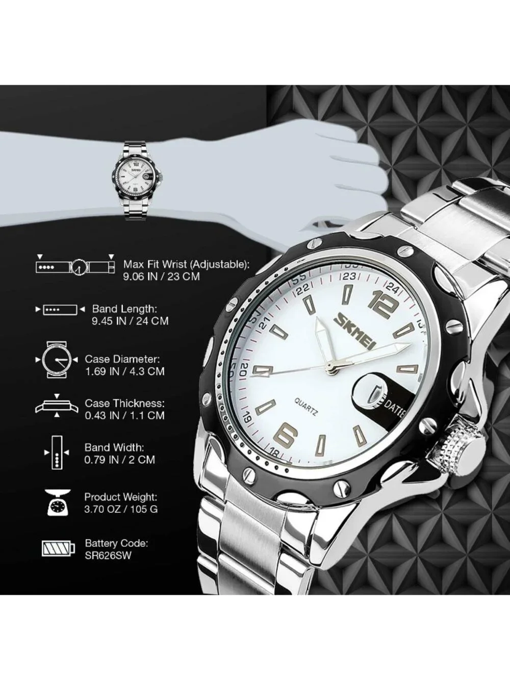 Men's Silver White Analog Quartz Stainless Steel Waterproof Luxury Wrist Watch